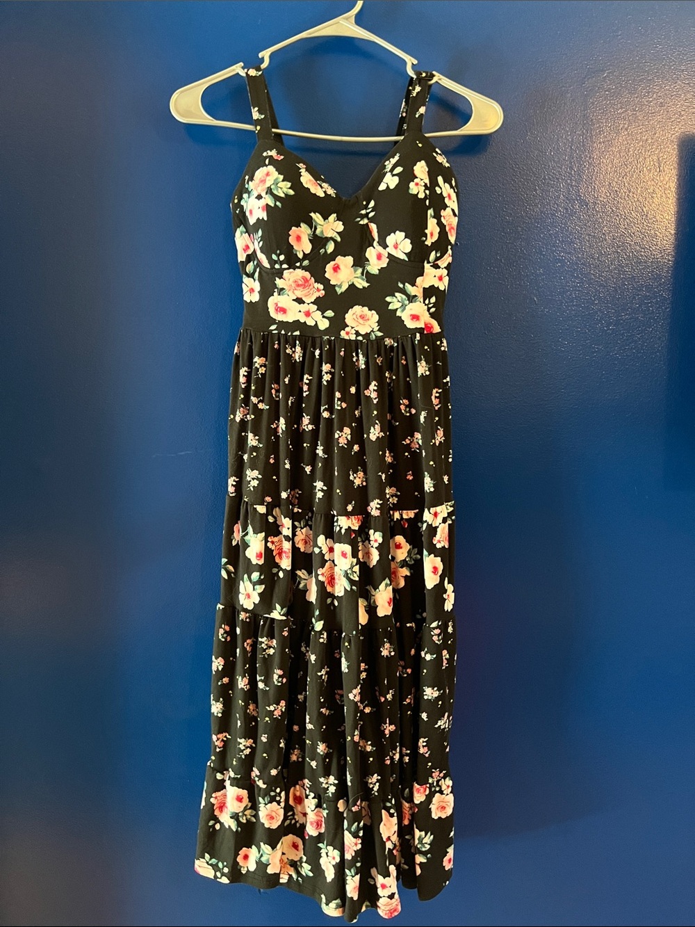 Black Floral Dress with Pink and Cream Blossoms and padded top